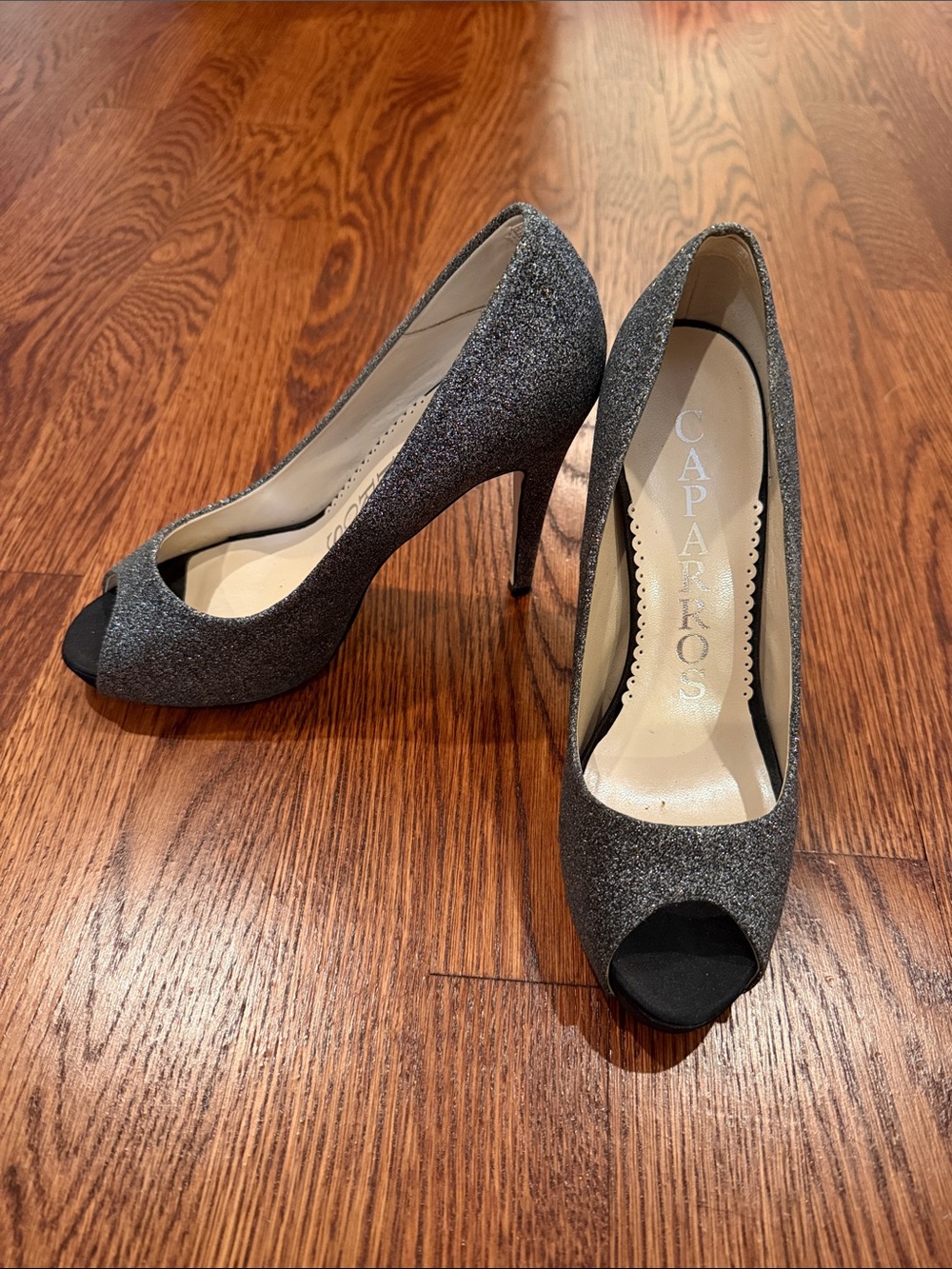 Caparros Glitter Peep-Toe High Heels in Silver